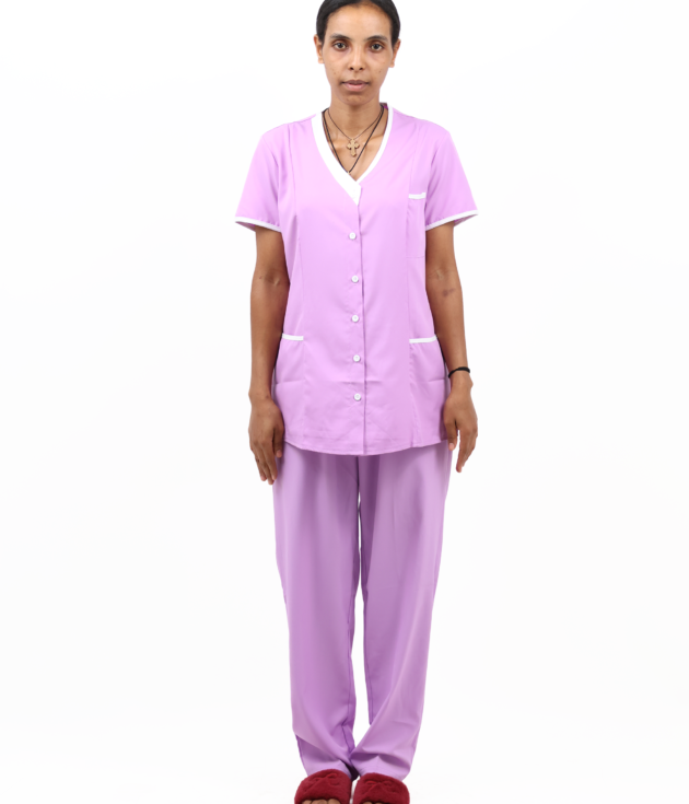 Women’s Short-Sleeve Collarless Housemaid Uniform Set – Purple