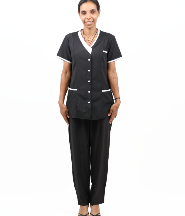 Women’s Short-Sleeve Collarless Housemaid Uniform Set – Black