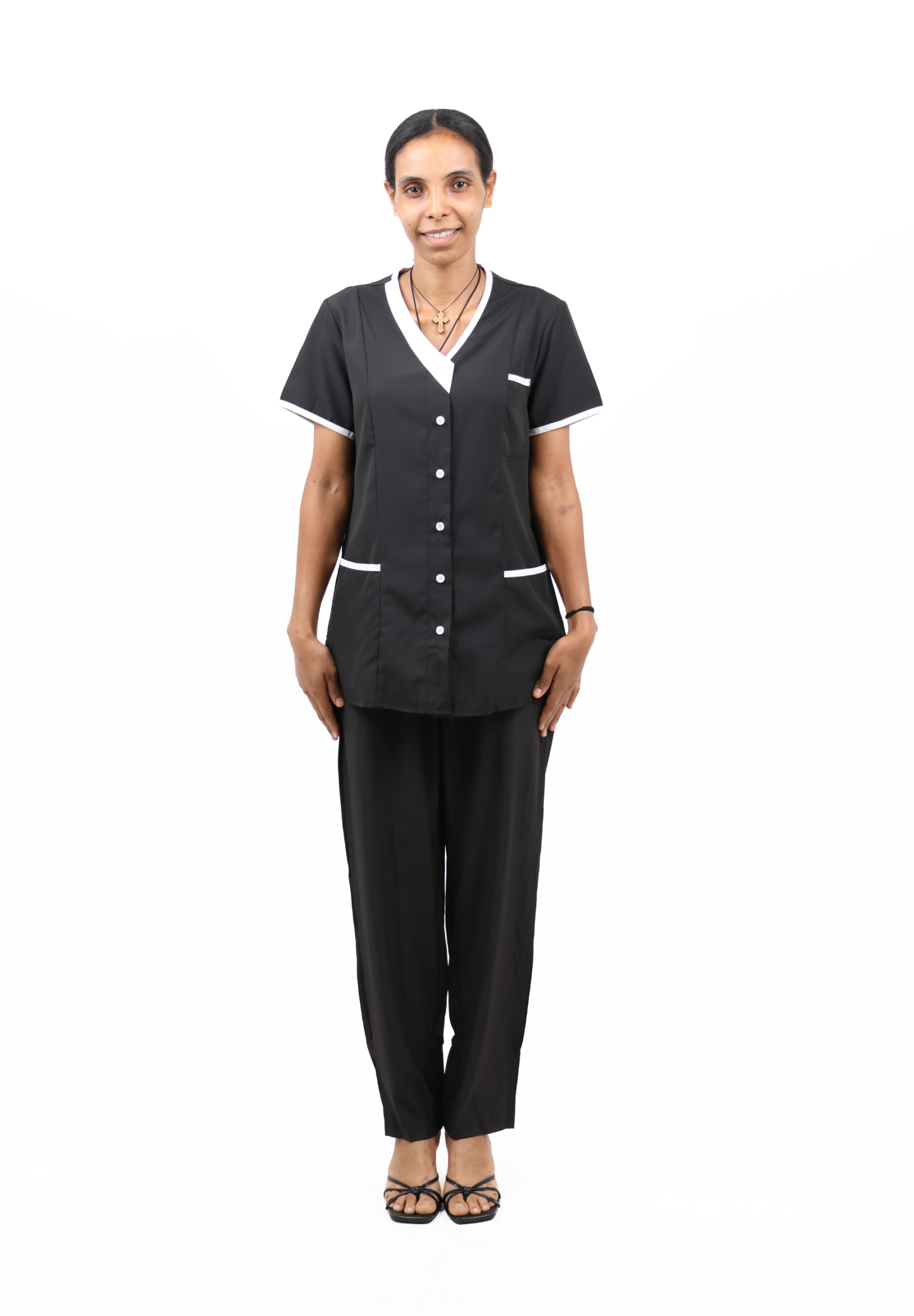 Women’s Short-Sleeve Collarless Housemaid Uniform Set – Black