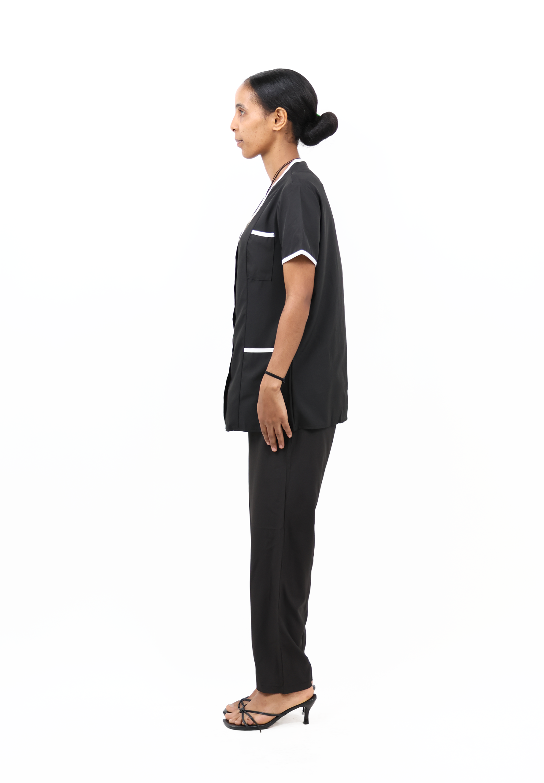 Women’s Short-Sleeve Collarless Housemaid Uniform Set – Black - Image 3