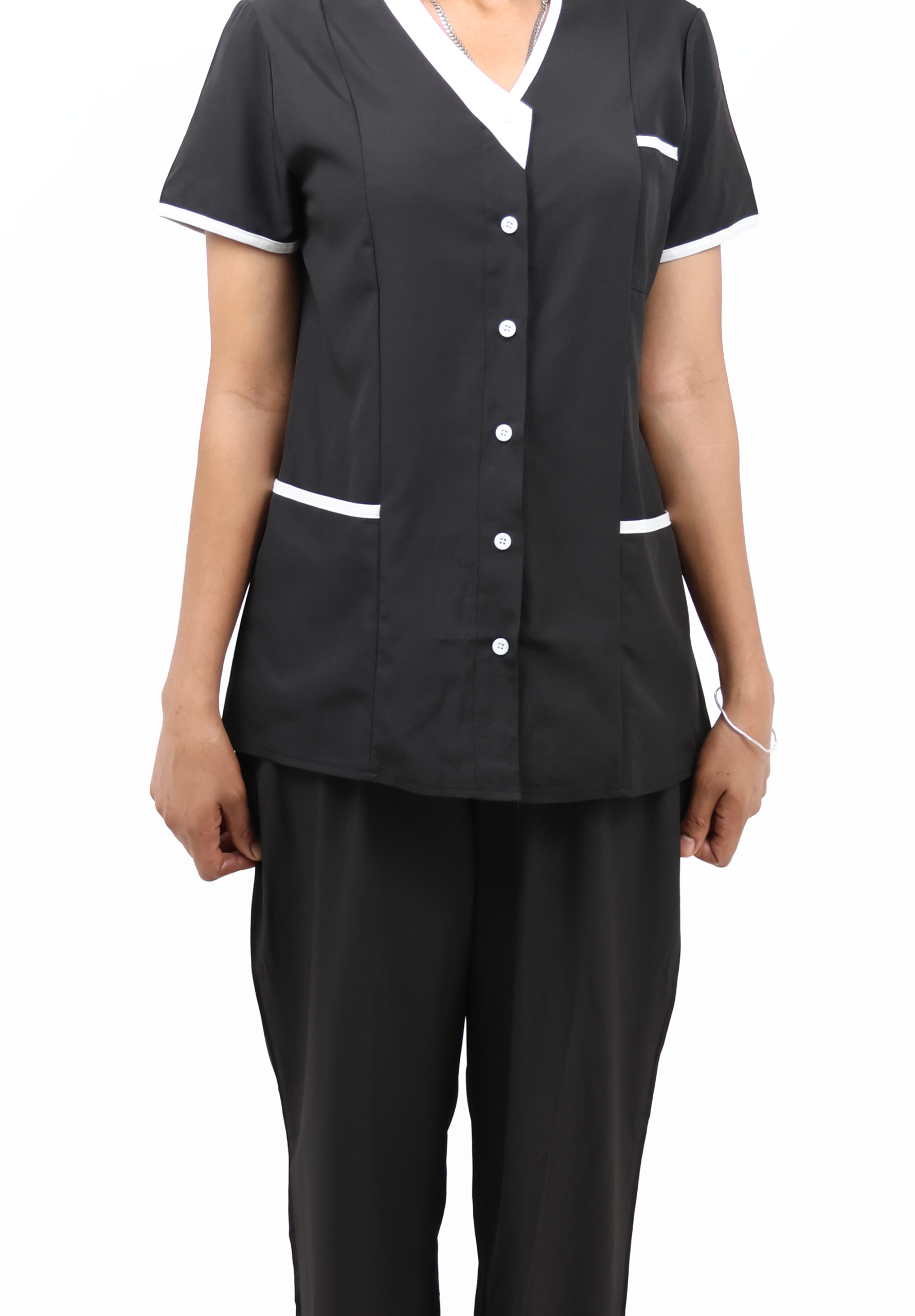 Women’s Short-Sleeve Collarless Housemaid Uniform Set – Black - Image 5