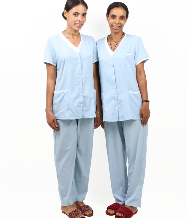Women’s Short-Sleeve Collarless Housemaid Uniform Set – Light Blue
