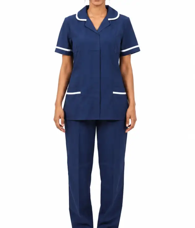 Women’s Short-Sleeve With-Collar Housemaid Uniform Set – Navy Blue