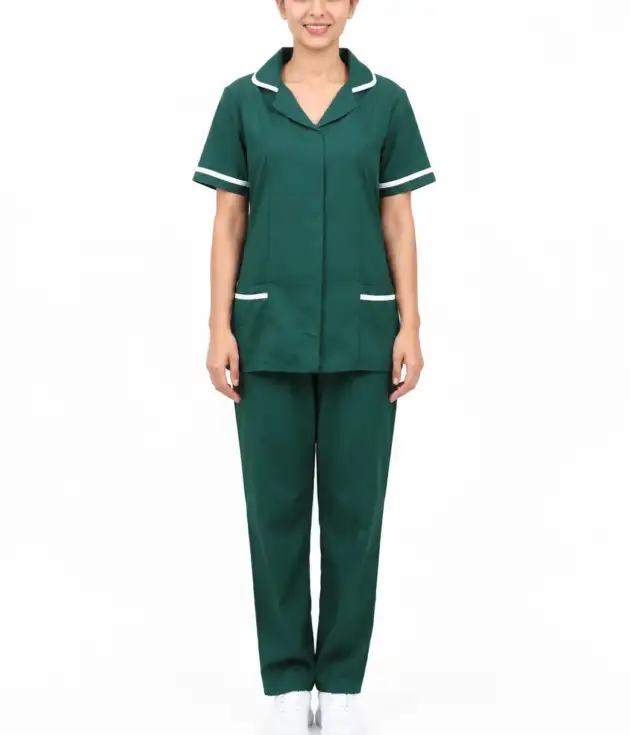 Women’s Short-Sleeve With-Collar Housemaid Uniform Set – Dark Green