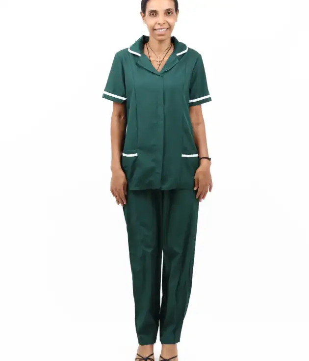 Women’s Short-Sleeve With-Collar Housemaid Uniform Set – Dark Green