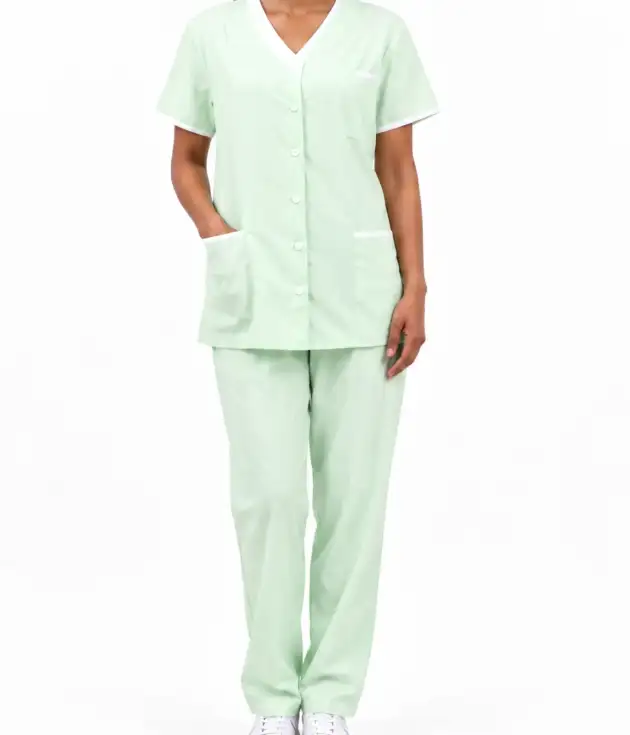 Women’s Short-Sleeve Collarless Housemaid Uniform Set – Light Green