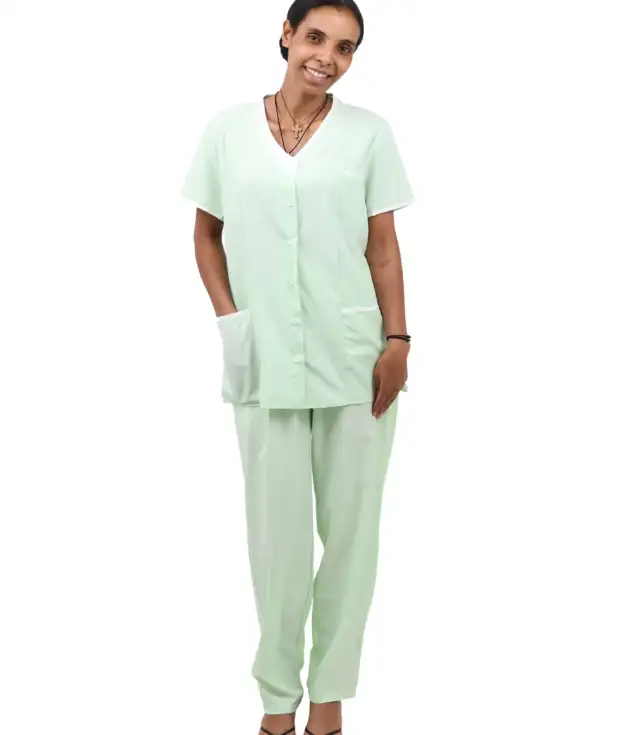 Women’s Short-Sleeve Collarless Housemaid Uniform Set – Light Green