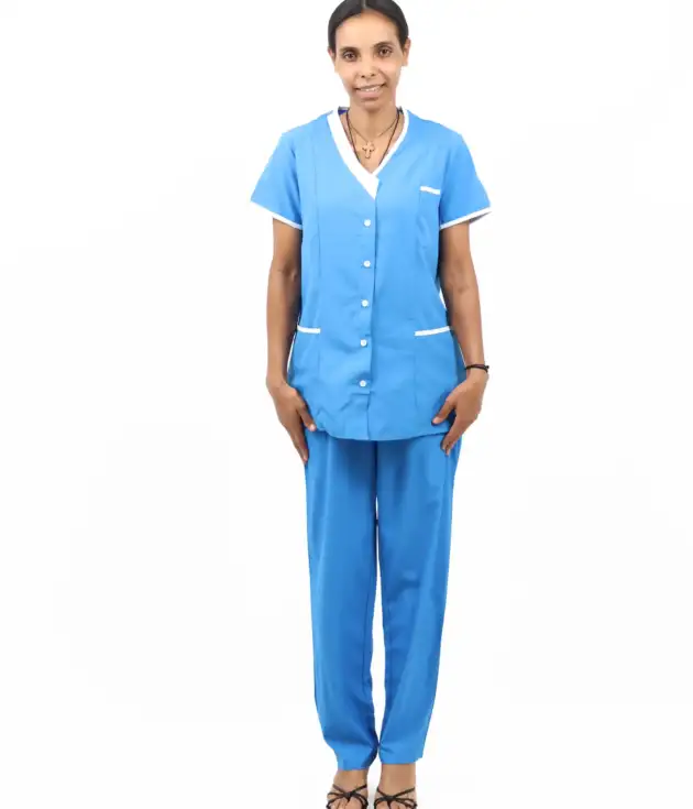 Women’s Short-Sleeve Collarless Housemaid Uniform Set – Blue