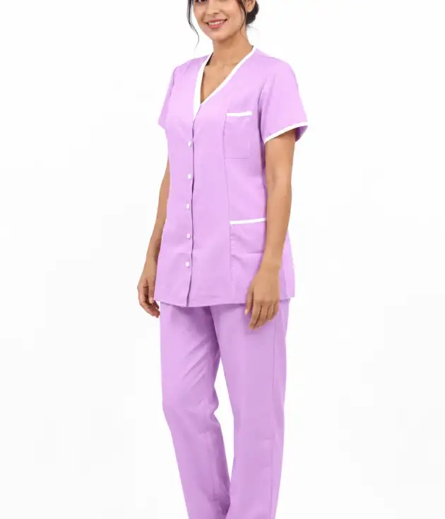 Women’s Short-Sleeve Collarless Housemaid Uniform Set – Purple