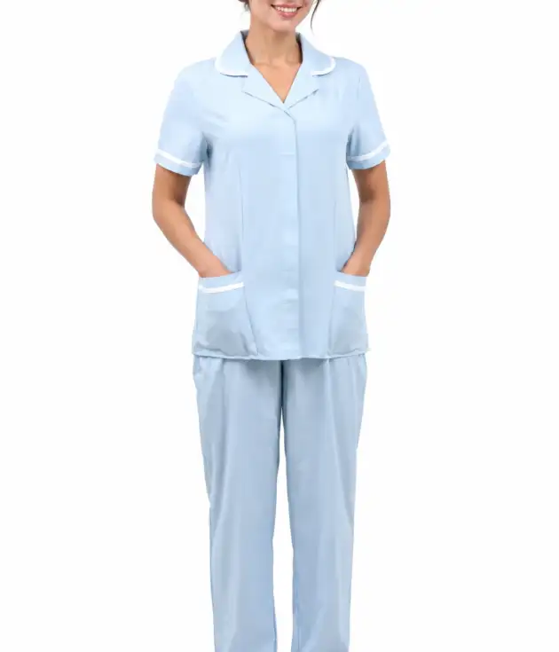 Women’s Short-Sleeve Collarless Housemaid Uniform Set – Light Blue
