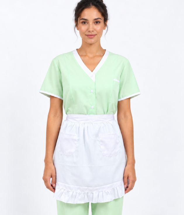 White Maid Uniform Waist Apron with Ruffled Hem & Pockets